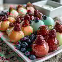 1. Ein farbenfroher Fruchtteller mit Honig-Limetten-Dip, perfekt für Sommerfeste und Brunchs.  