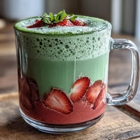 1. Ein warmer, duftender Matcha-Latte mit süßen Erdbeeren, perfekt für gemütliche Abende.  