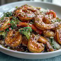 Ein farbenfroher Shrimps-Stir-Fry mit saftigen Garnelen und knackigem Gemüse in einer aromatischen Knoblauch-Ingwer-Sauce.