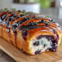 Saftige Zitronen-Heidelbeer-Sauerteig-Schneckenbrot-Loaf mit goldener Kruste und fruchtiger Füllung.