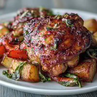 Blechkuchen mit Hähnchen und geröstetem Gemüse – goldbraune Hähnchenschenkel auf einem Bett aus buntem, knusprigem Gemüse.  