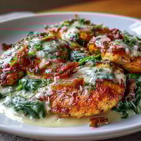 1. Eine dampfende Schüssel Zitronen-Orzo mit zartem Hühnchen und frischem Spinat, garniert mit Parmesan und Petersilie.  