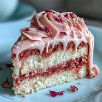 Elegante Rosé-Samtkuchen-Schichten mit glänzendem Gold-Drip servierfertig.