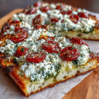 Viral Cottage Cheese Flatbread mit Pesto und Tomate, goldbraun gebacken, servierfertig.