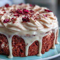 Gefärbtes Rosé Velvet-Kuchen mit glänzendem Goldtropfen, bereit für die Brautparty.