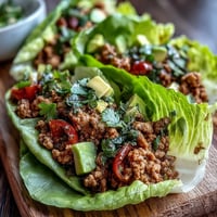 Saftige Truthahn-Hackfleisch-Taco-Salatblätter mit frischen Toppings serviert.